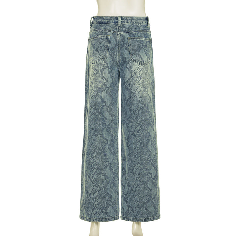 Women Street Snake Print Casual Denim Trousers 6