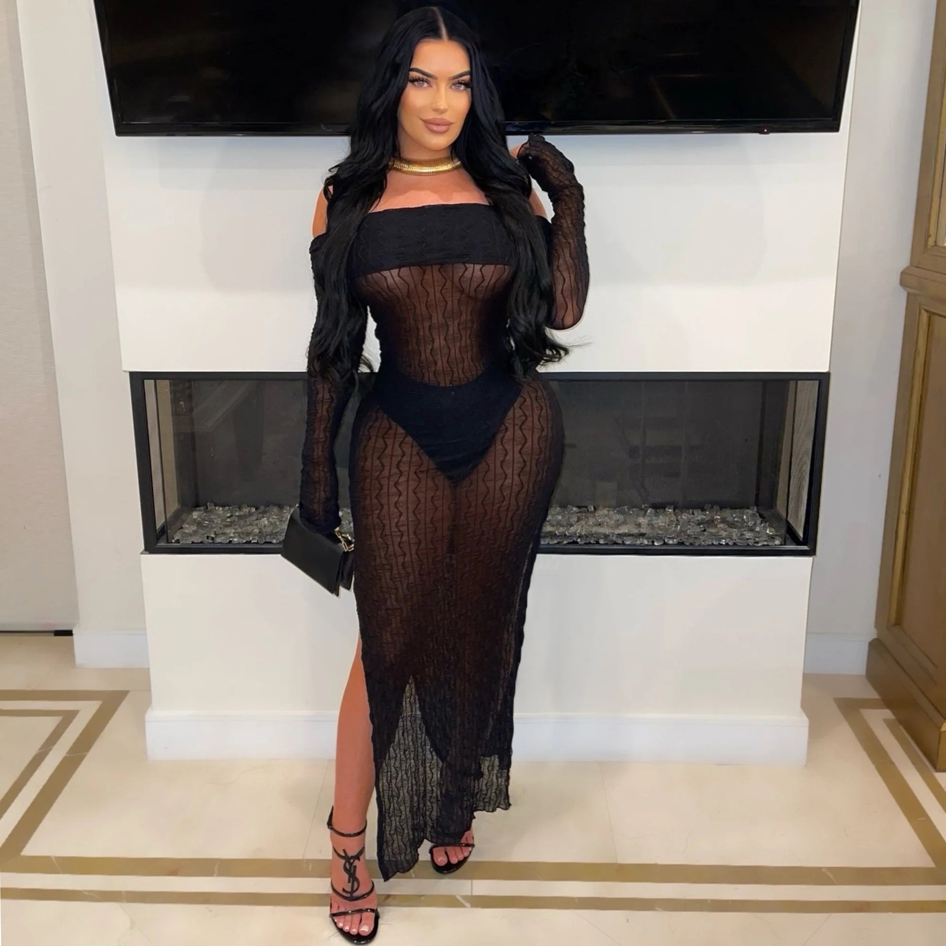 Summer Off Shoulder Slit Slim Sexy See-Through Dress With Underwear 3