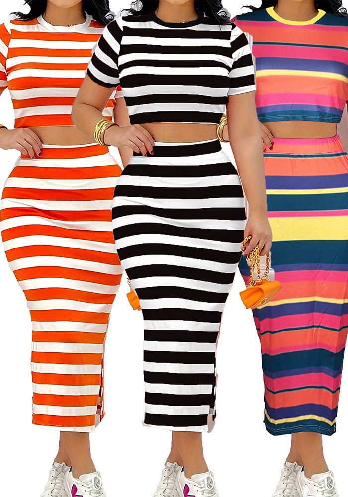 Women Elegant Casual striped short-sleeved Top skirt Two Piece Set
