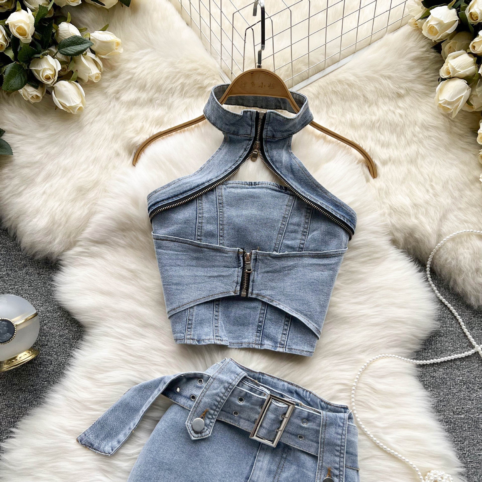 Women's Summer Halter Neck Crop Top Mini Skirt Two-Piece Denim Set 4