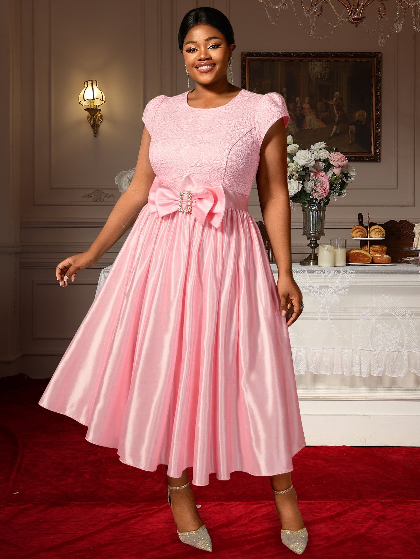 Plus-Size Women Elegant Rose Jacquard Patchwork Bow Short-Sleeved Party Dress