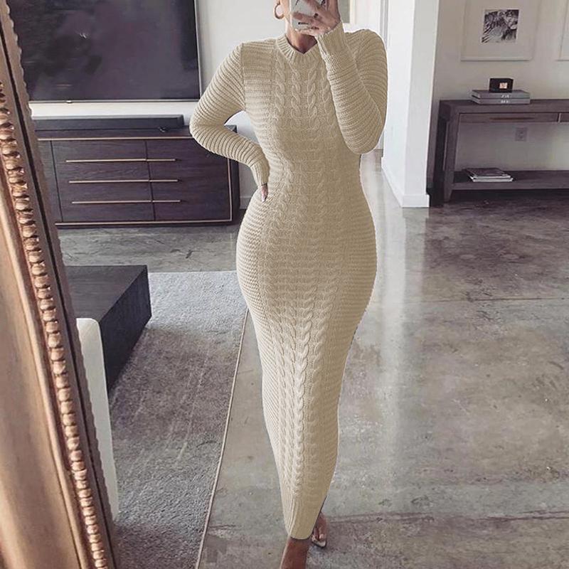 Autumn And Winter Women's Fashionable Long-Sleeved Knitted Sweater Dress 3