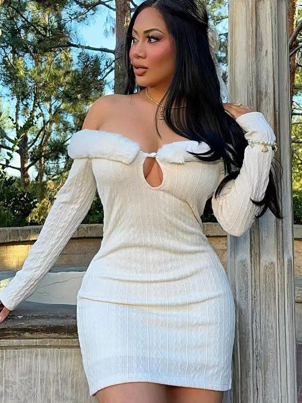 Women Sexy Off Shoulder Long Sleeve Patchwork Button Hollow Dress 6