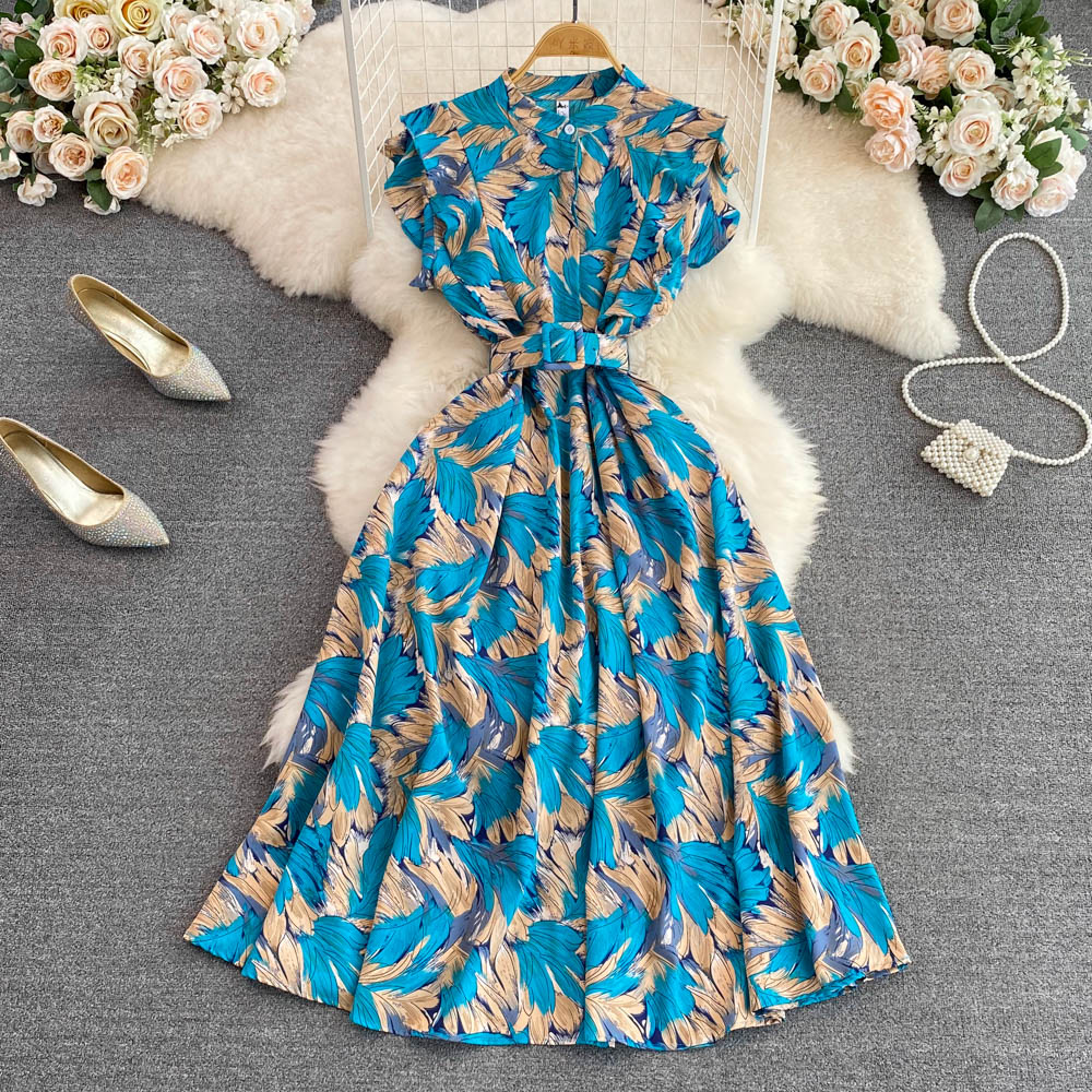 summer stand collar slim waist printed a-line high waist elegant chic long dress