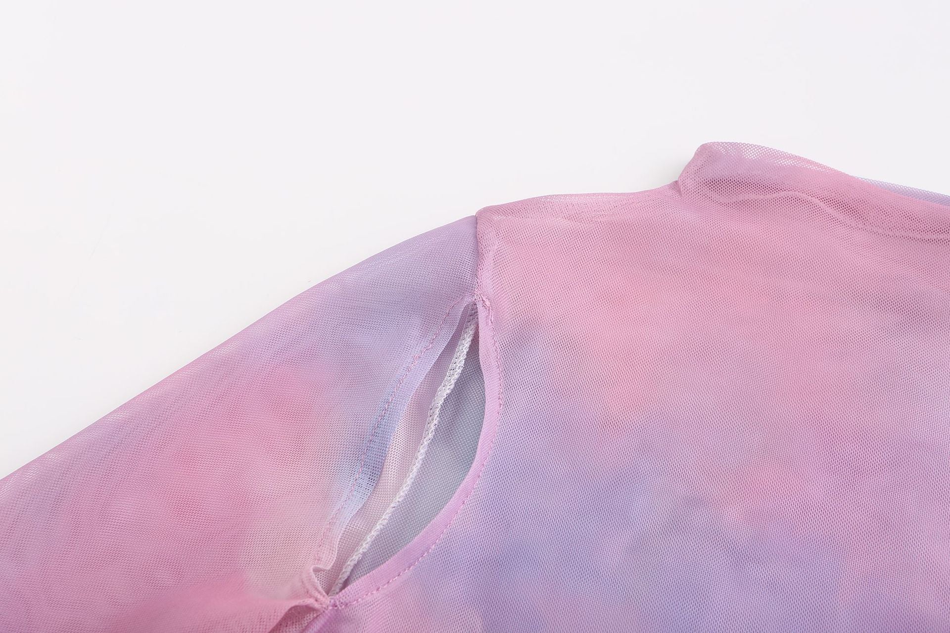 Women Spring Printed Mesh See-Through Hollow Round Neck Single Sleeve Dress 20