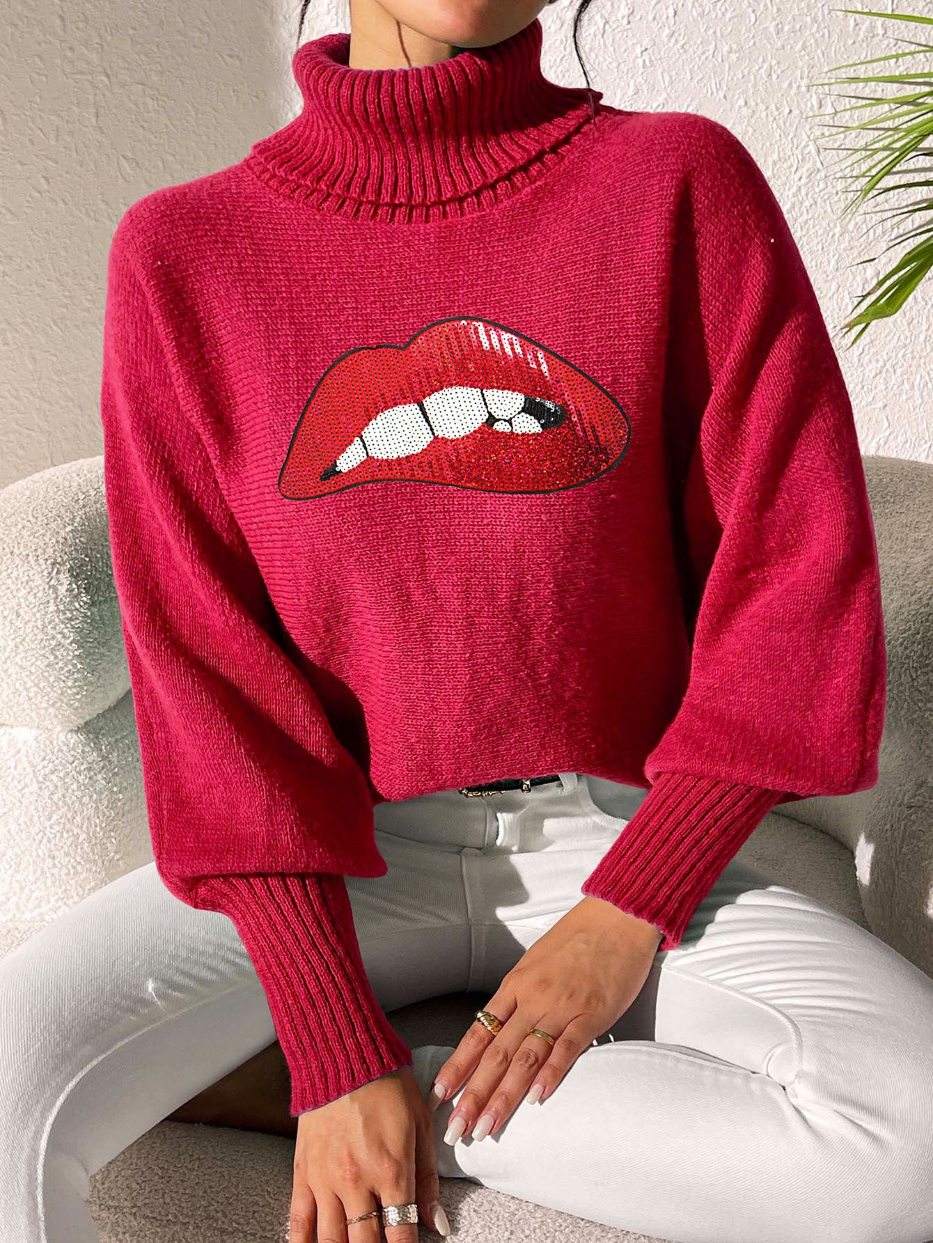 Autumn Winter Women's Sequin Lips Embroidery Turtleneck Pullover Sweater 18