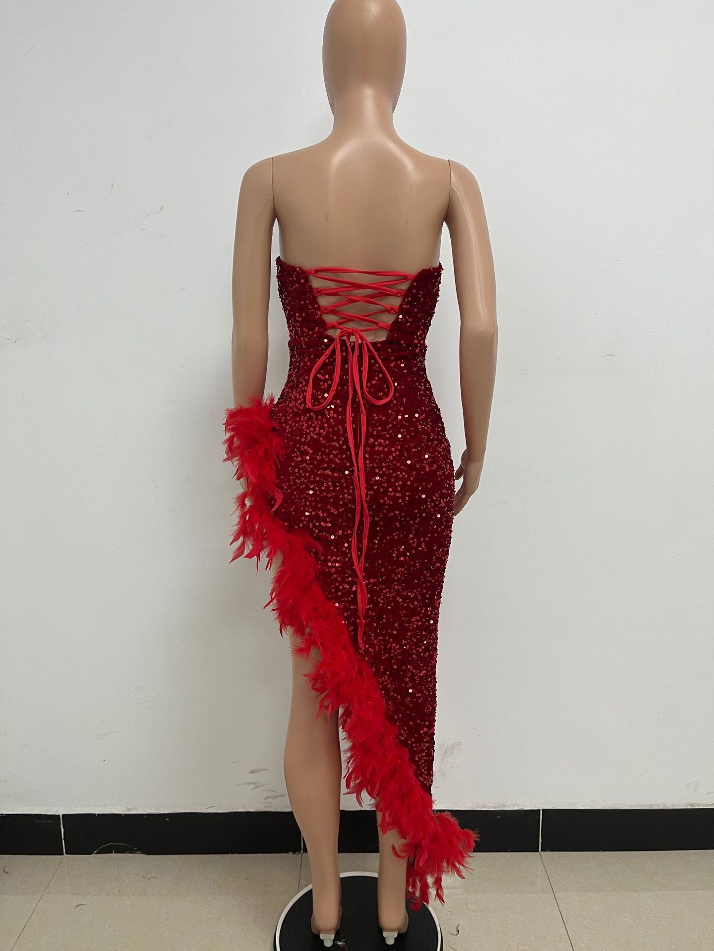 Women Sexy Off Shoulder Backless Sequin Feather Dress 57