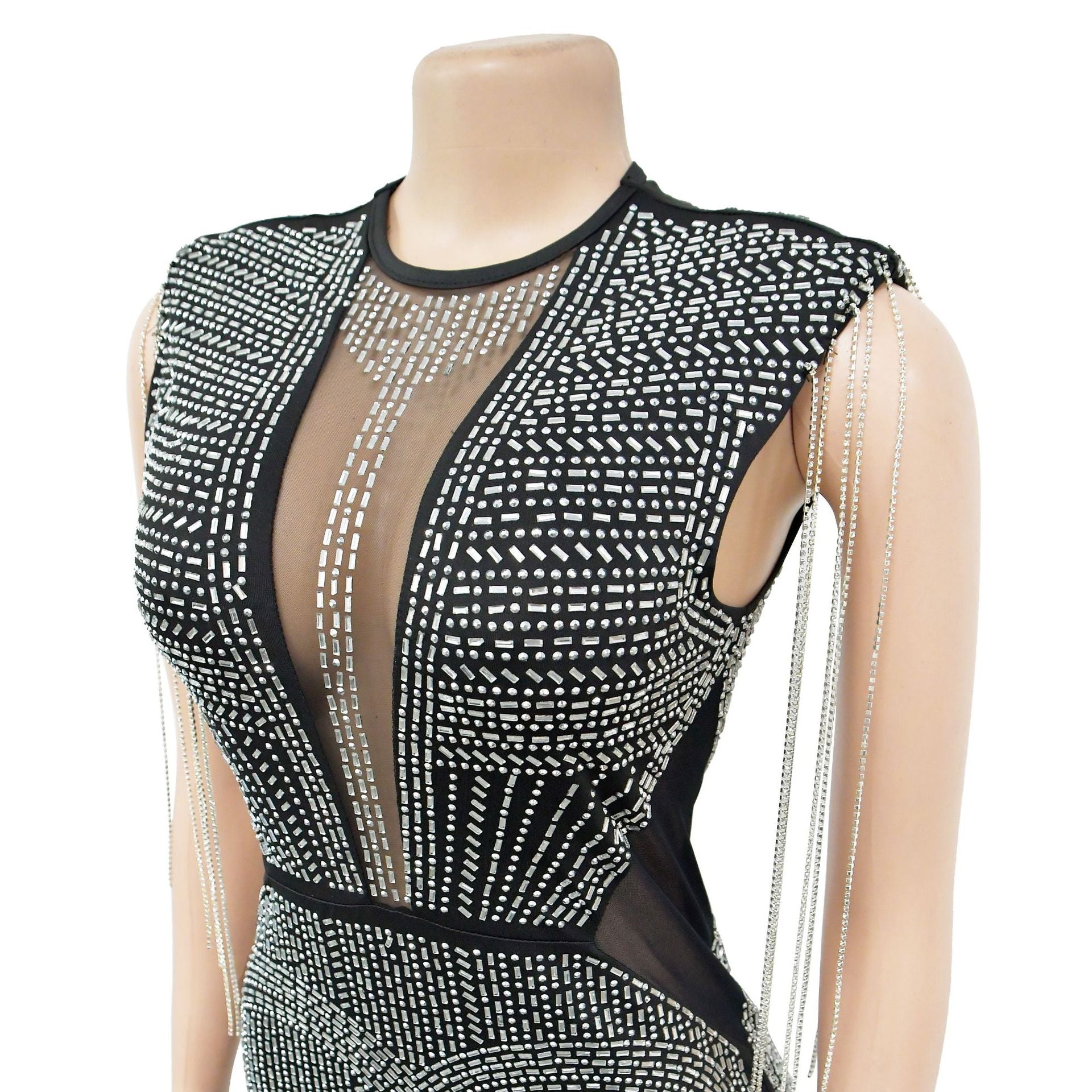 Women's Fashion Solid Color Mesh Beaded Sleeveless Club Dress 15