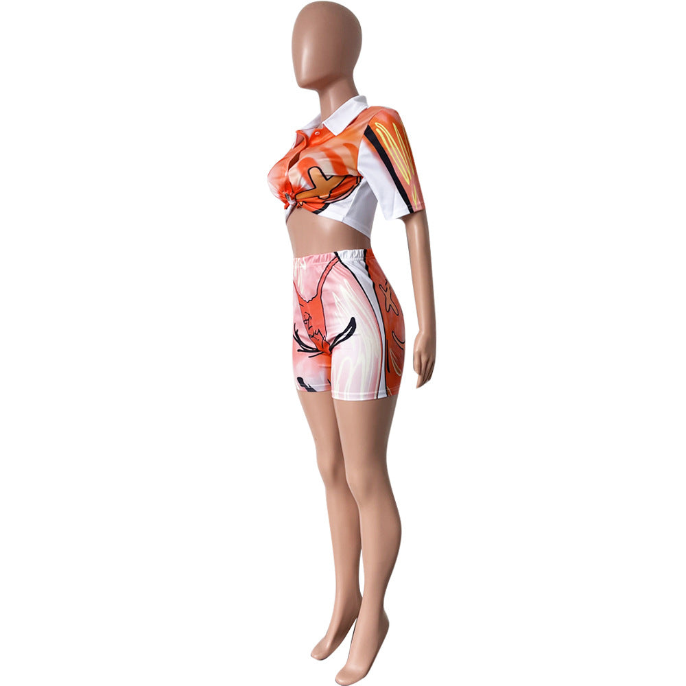 Fashion Casual Print Suit Street Women Short Sleeve Shorts Two Piece Set 6