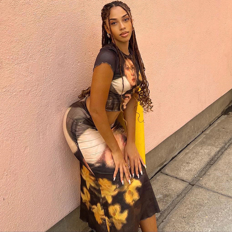 Digital Print Round Neck Top Maxi Skirt Two-Piece Set 5
