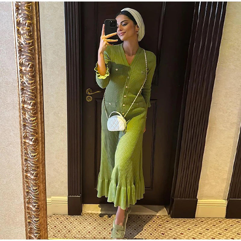 Women Fall/Winter Long-Sleeved V-Neck Ruffled Knitting Dress 3