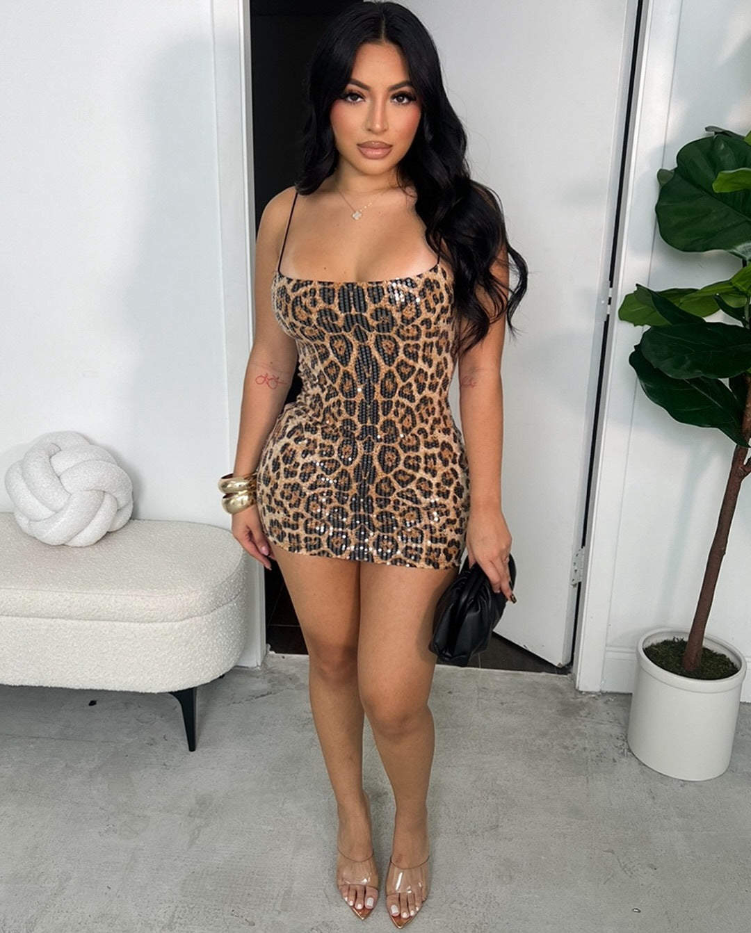 Women's Leopard Print Patchwork Sequin Bodycon Dress 8