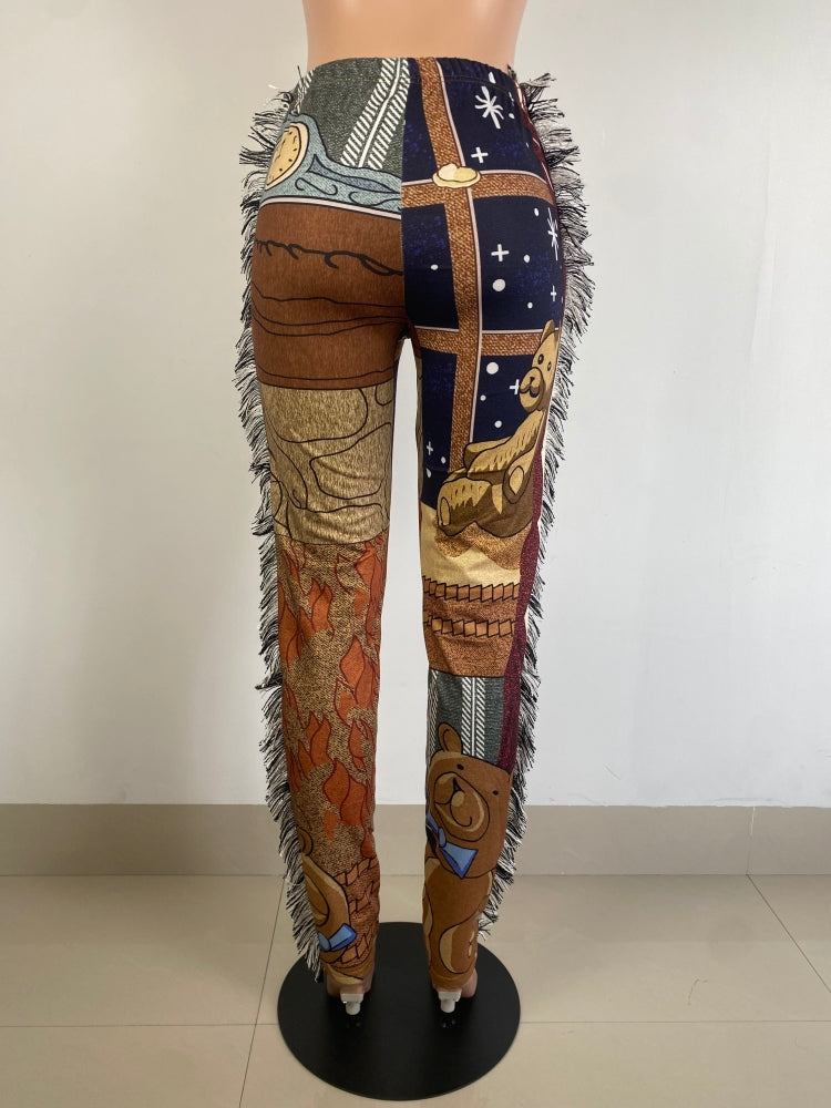 Fall Casual Retro Print Tassels Trouser 5