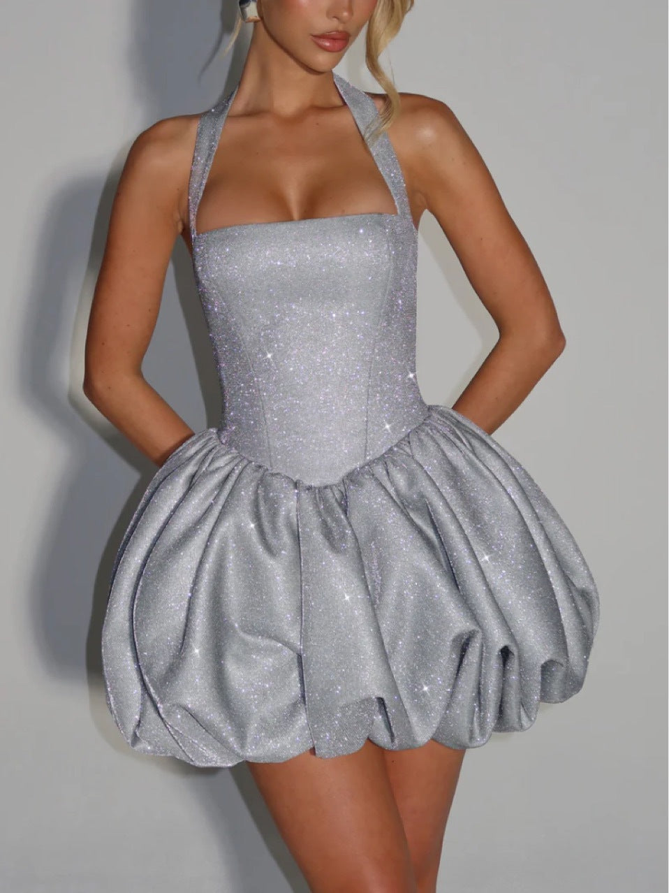 Trendy Casual Summer Halter Neck Bow Tie Puff Dress