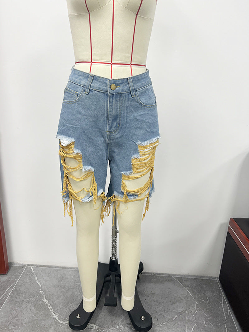 Summer Women's Denim Shorts Ripped Loose High Waist Knee-Length Shorts 30