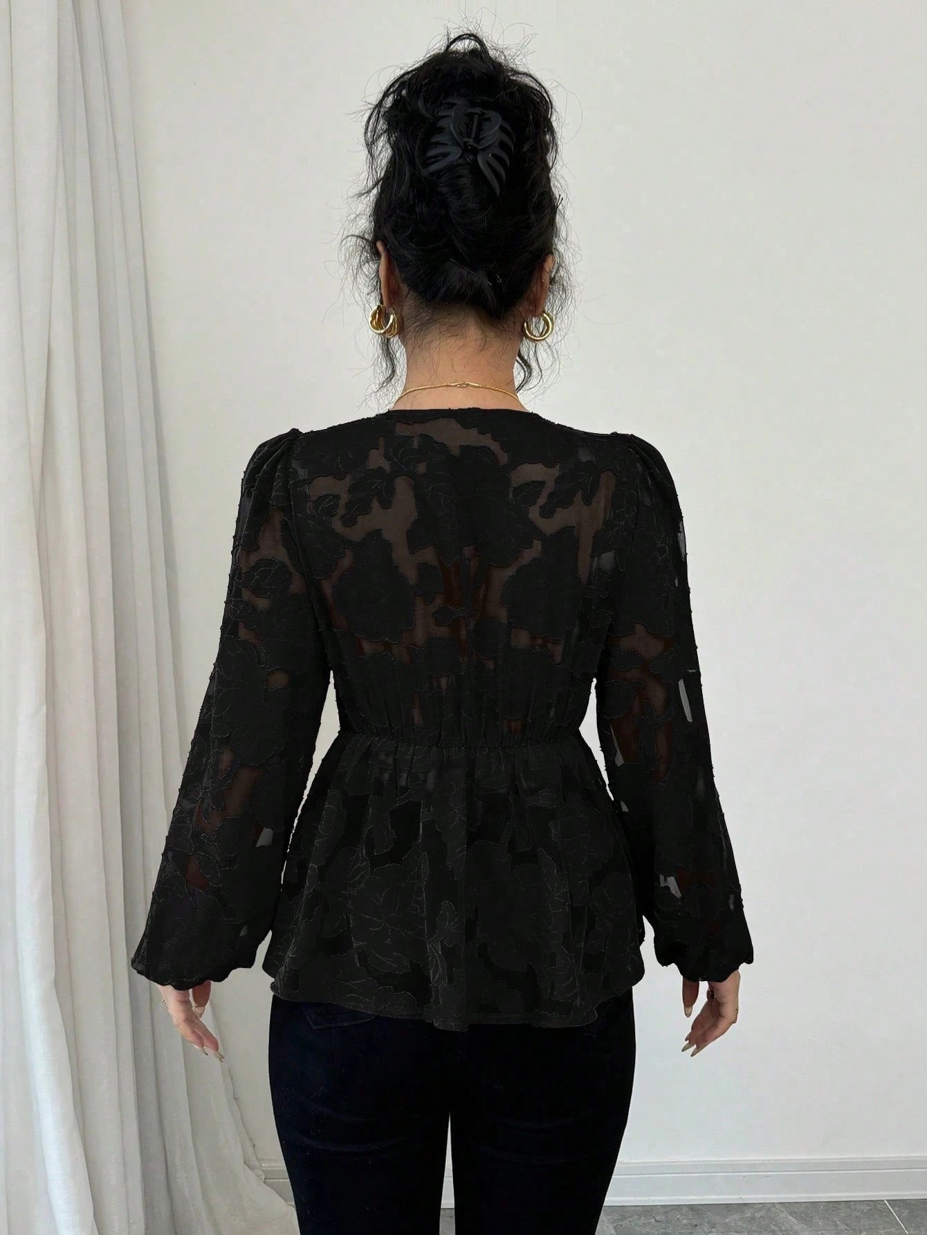 Women's Fashion Spring Autumn Sexy Sheer Long Sleeve V-Neck Blouse