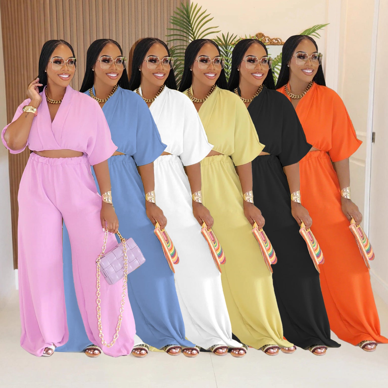 Women Casual V-Neck Crossover Top and Wide-Leg Pants Two-Piece Set 15