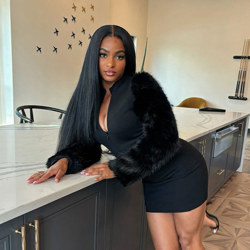 Women Autumn Zipper Neck Long-Sleeved Fur Paneled Sexy Bodycon Dress 9