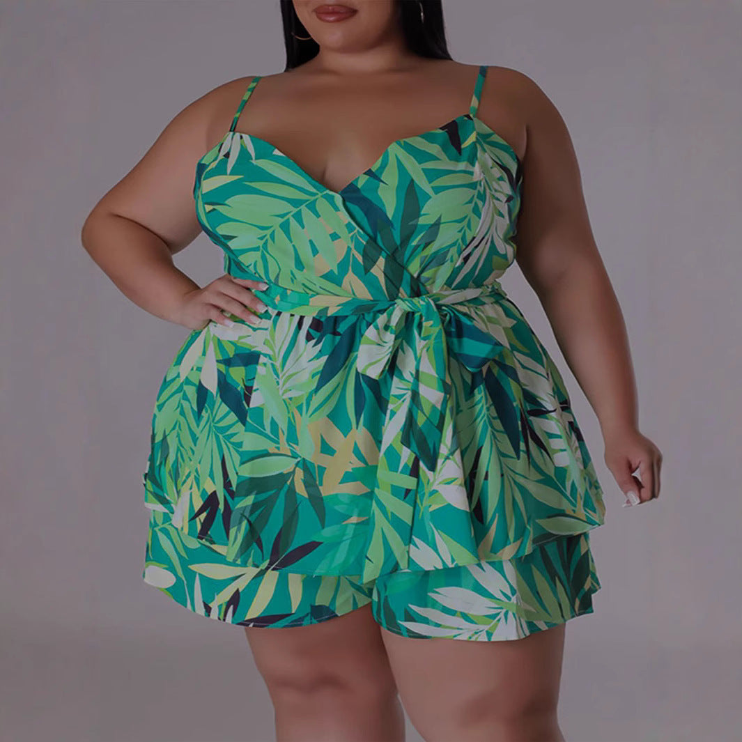 Plus Size Women Summer V-Neck Print Suspender Lace Casual Jumpsuit