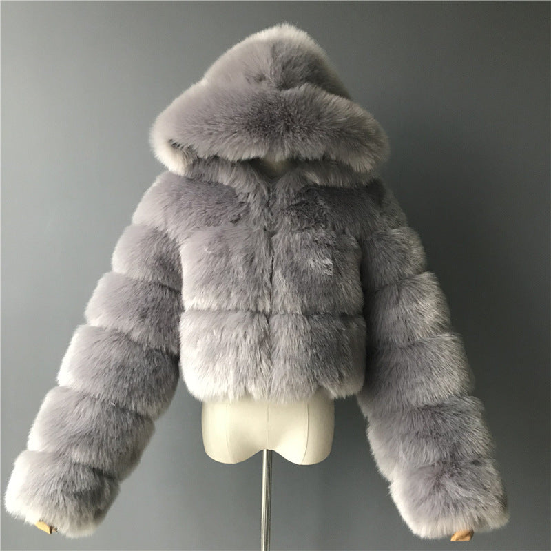 Fur Coat Cropped Hooded Faux Fur Coat Long Sleeve Patchwork Women's Coat 38