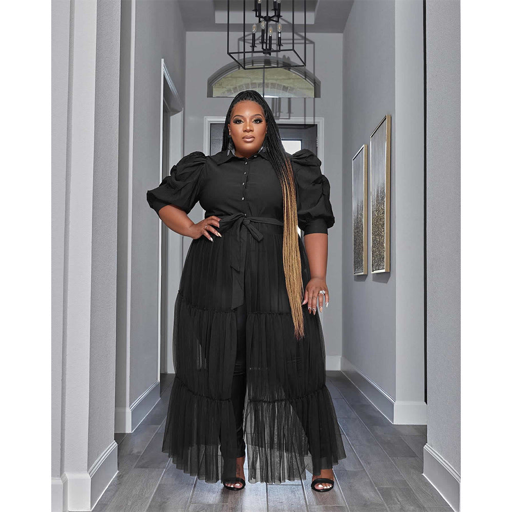 See-Through Mesh Cake Dress Plus Size Belted Breathable Short Sleeve Dress 3