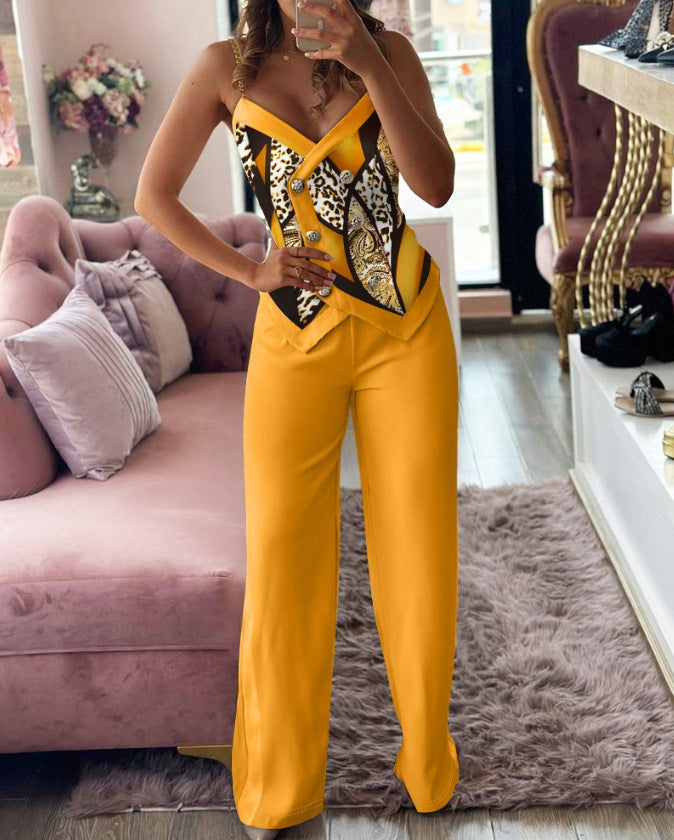 Fashion Printed Double-Breasted Strap Women's Two Piece Pants Set 13