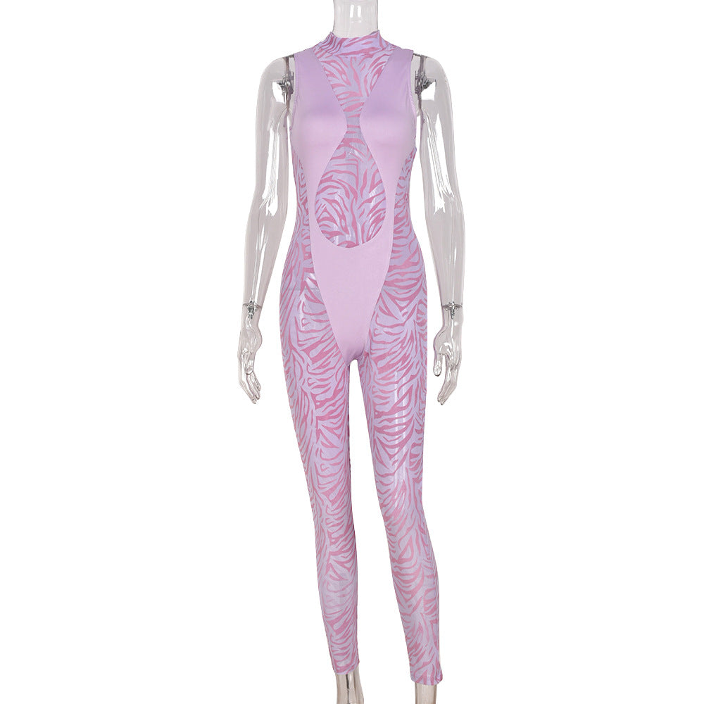 Sexy mesh flocking Patchwork hollow See-Through zipper jumpsuit for women 3