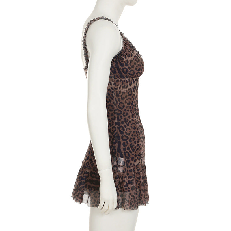 Women's summer mesh leopard print sexy v-neck Slim Waist ruffled strap short dress 9