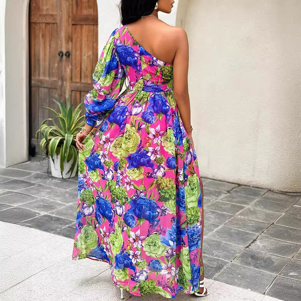 Fashionable Slash-Shoulder Long Lantern Sleeve Printed Dress 3