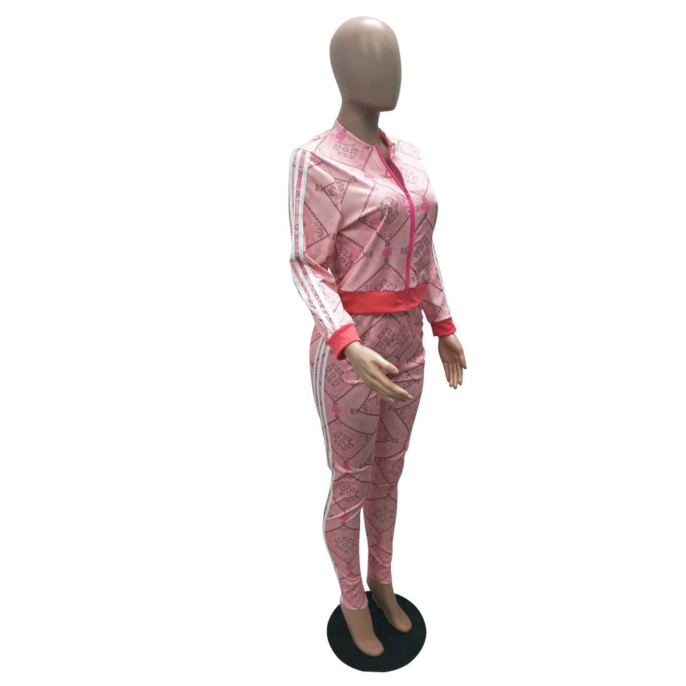 Autumn Printed Stripes Zipper Sports Two Piece Pants Set 8