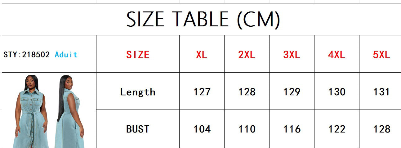 Plus Size Women's Turndown Collar Sleeveless Button Belt Denim Long Dress 9