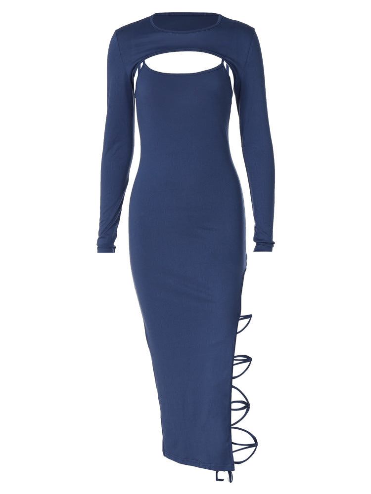 Women's Spring Long Sleeve Cape Top Lace-Up Sexy Straps Slit Bodycon Dress Two Piece Set 8