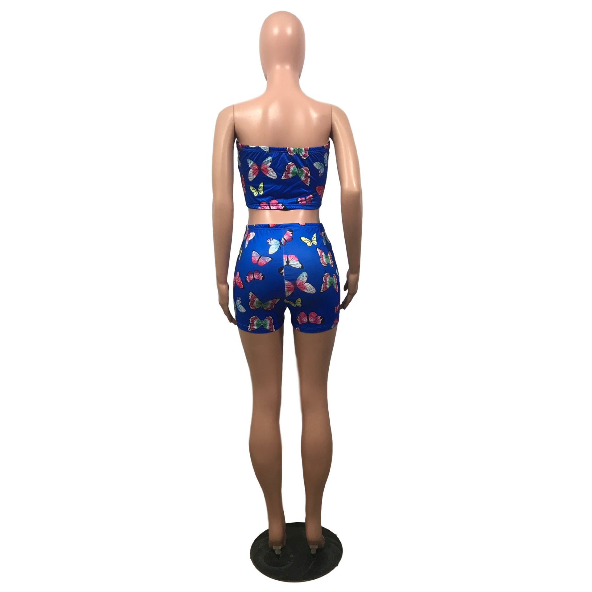 Summer Women's Sexy Slim Fit Butterfly Print Strapless Two Piece Shorts Set 27
