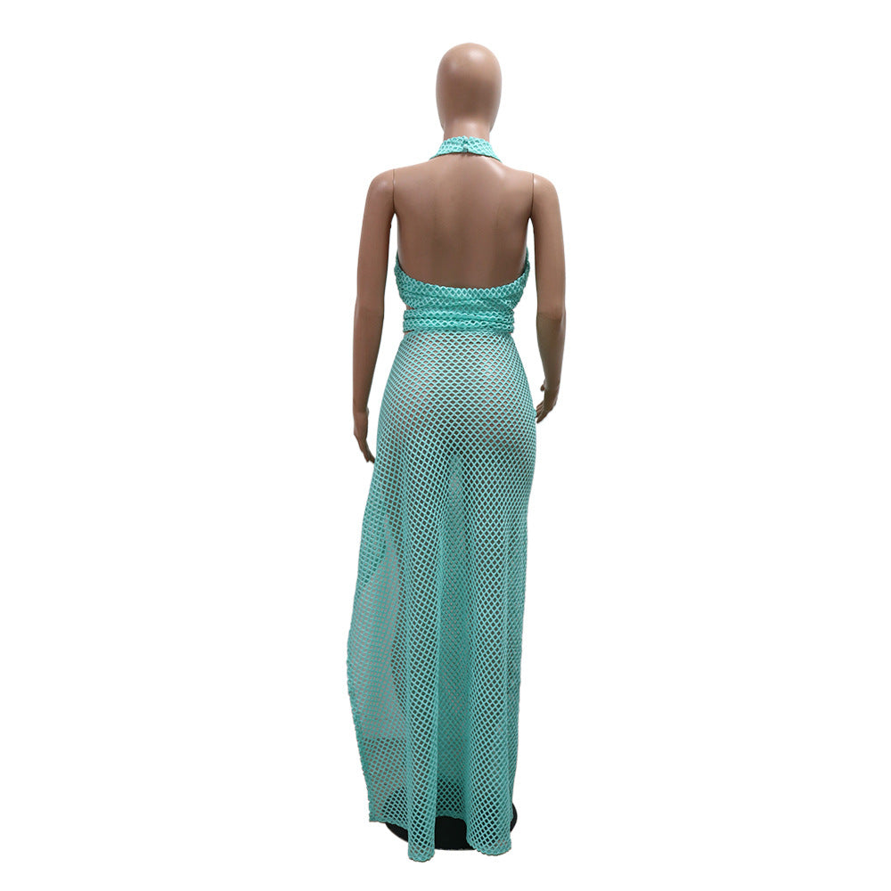 Sexy Halter Neck Mesh Slim High Slit Fashion Solid Color Long Dress 18