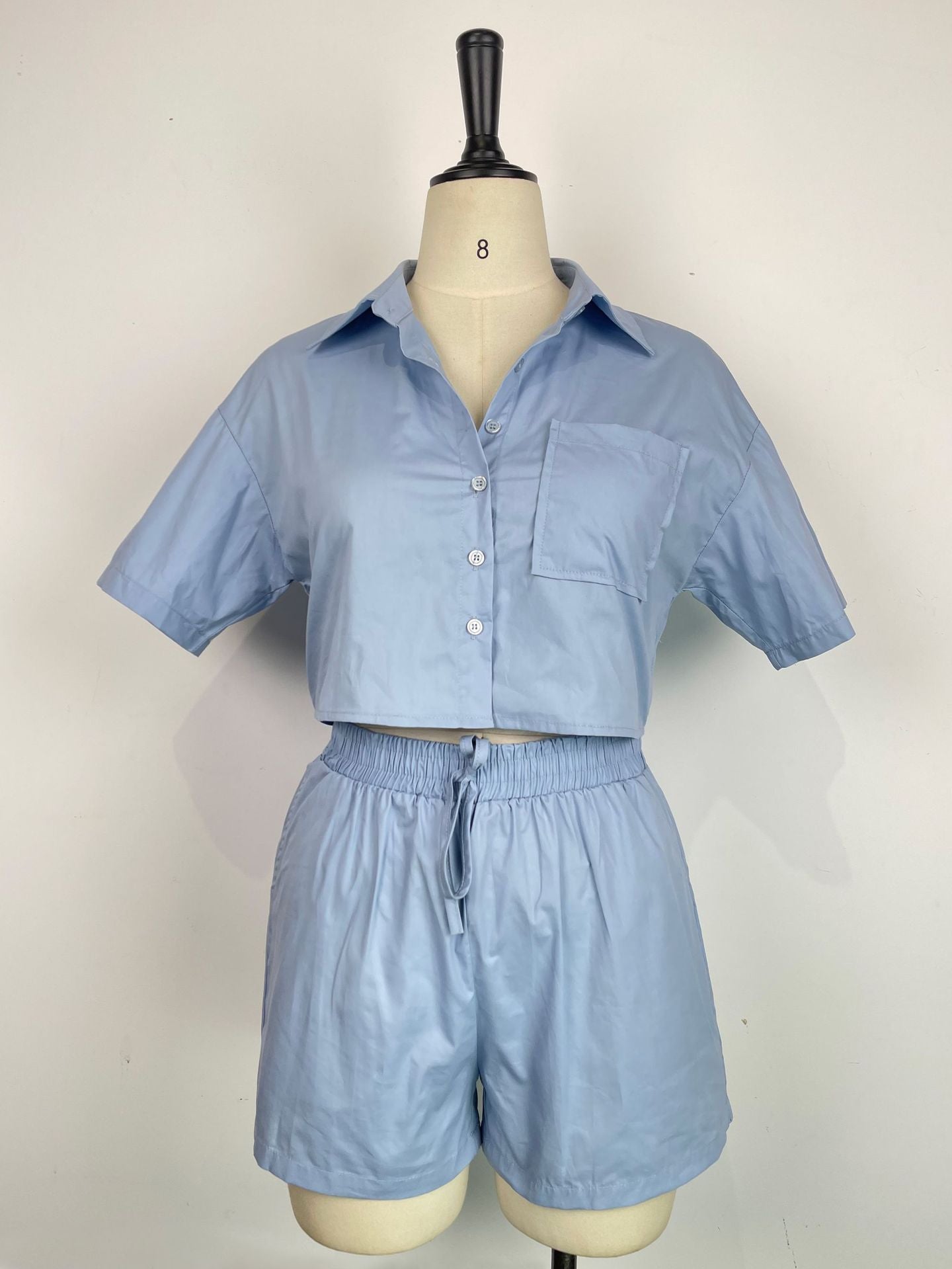 Ladies Short Sleeve Shirt Set Elastic Pocket Shorts Two-Piece Set 36