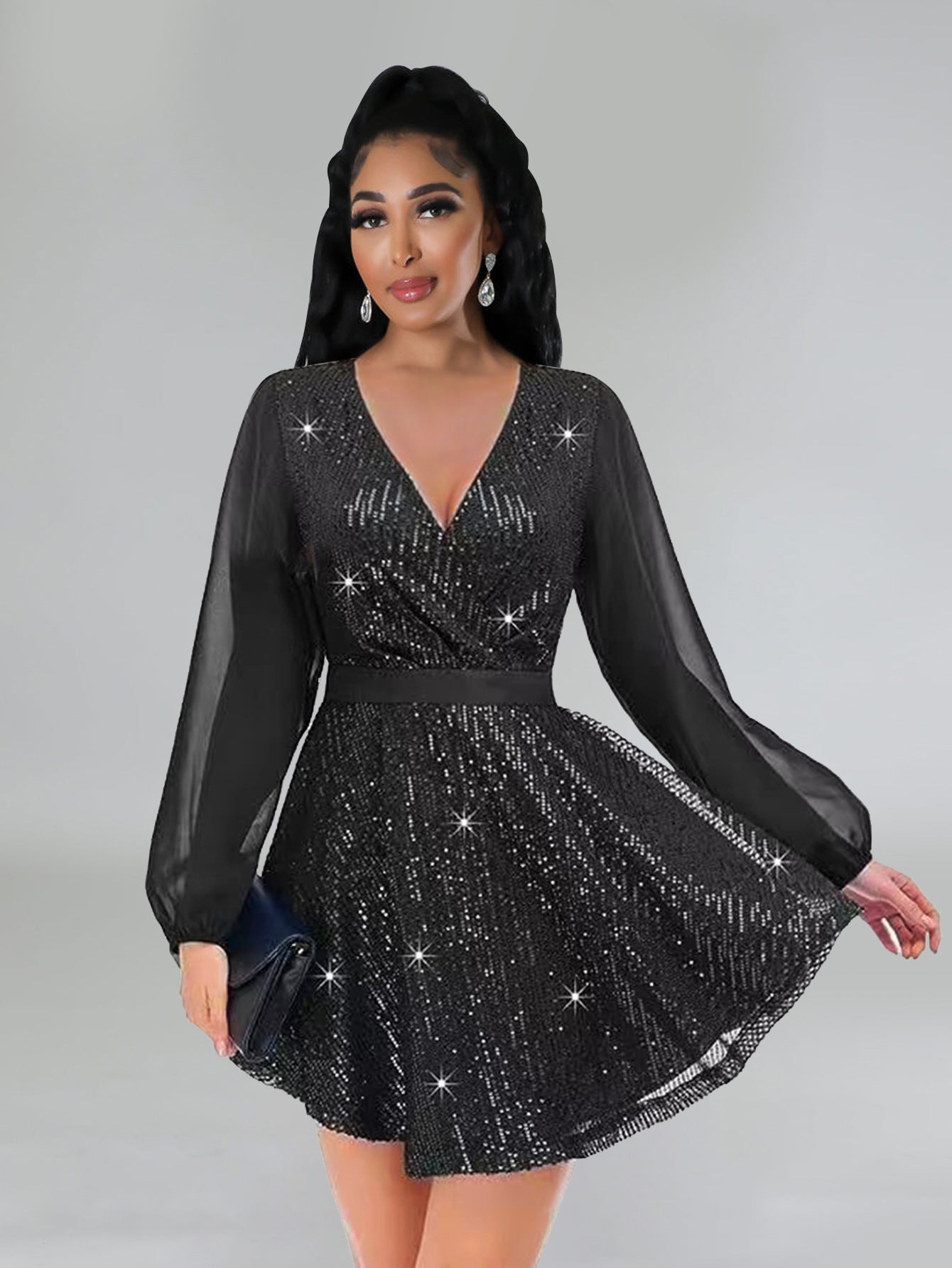 Women Sequin Party Long Sleeve Mini Dress 6