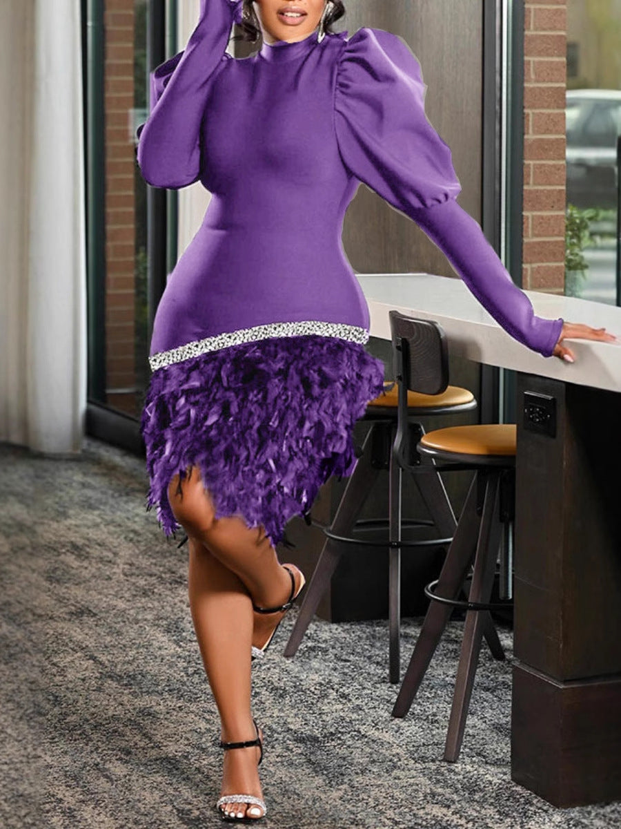 Women Red Lantern Long Sleeve Feather Dress 8