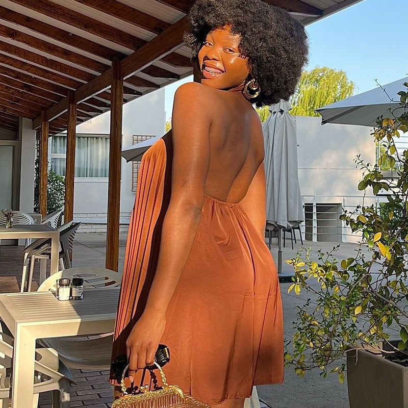 African Women Solid Color Pleated Short Dress 3