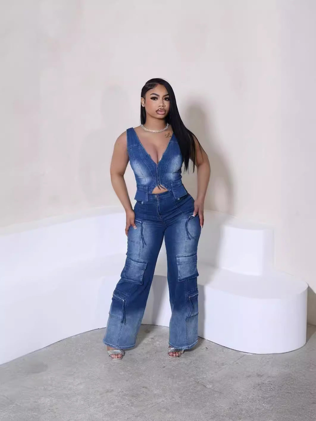 Women Casual Retro Vest and Multi-Pocket Wide Leg Pants Two-piece Set 7