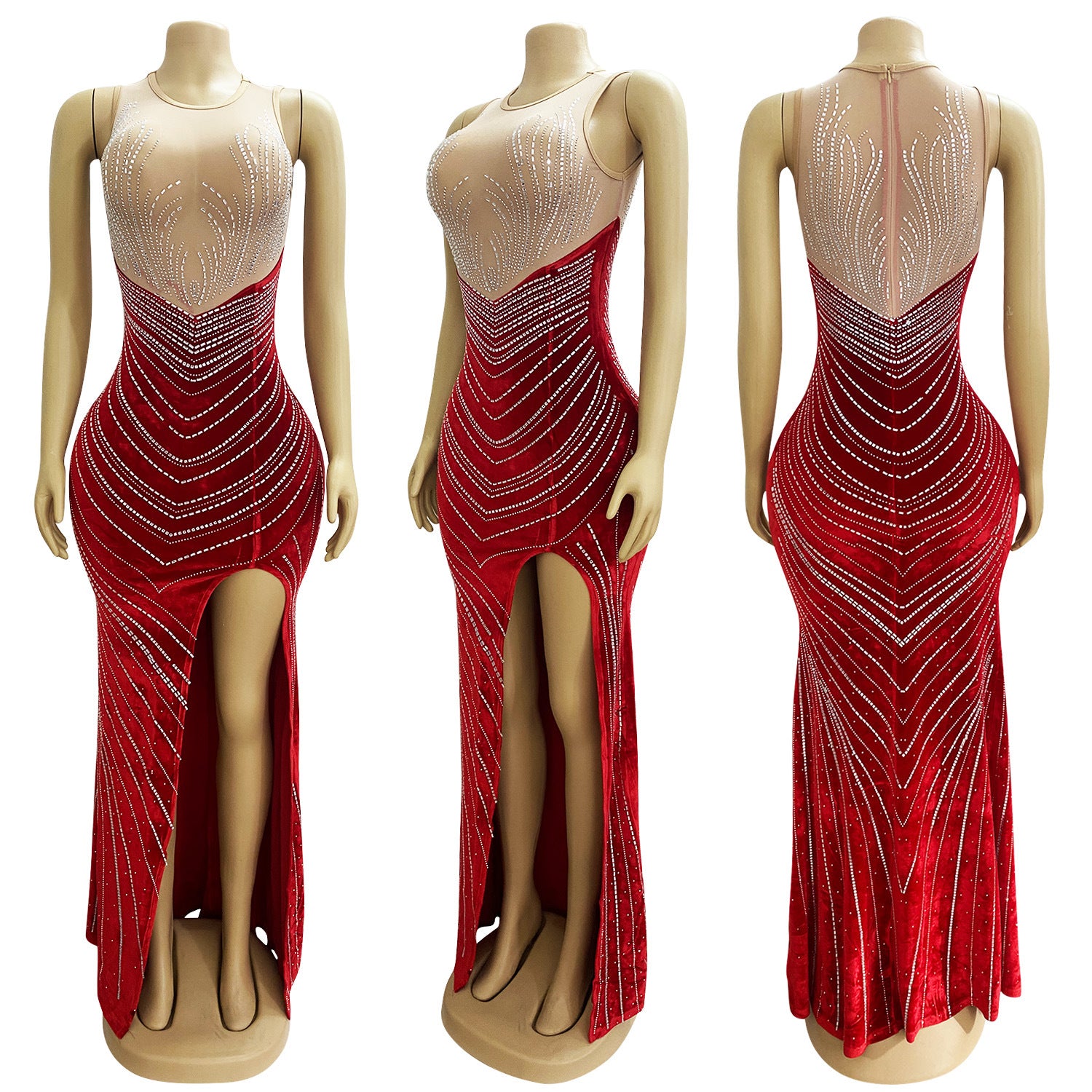 Spring Velvet Patchwork Mesh Beaded Sleeveless Nightclub Long Dress 8