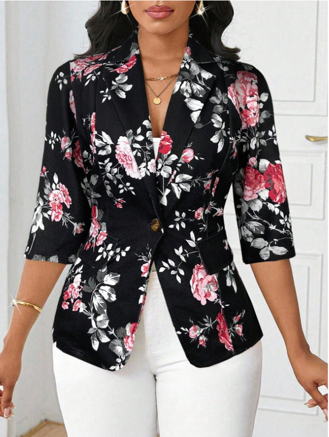 Women's Autumn Fashion Print Single Button Slim Blazer Short Jacket