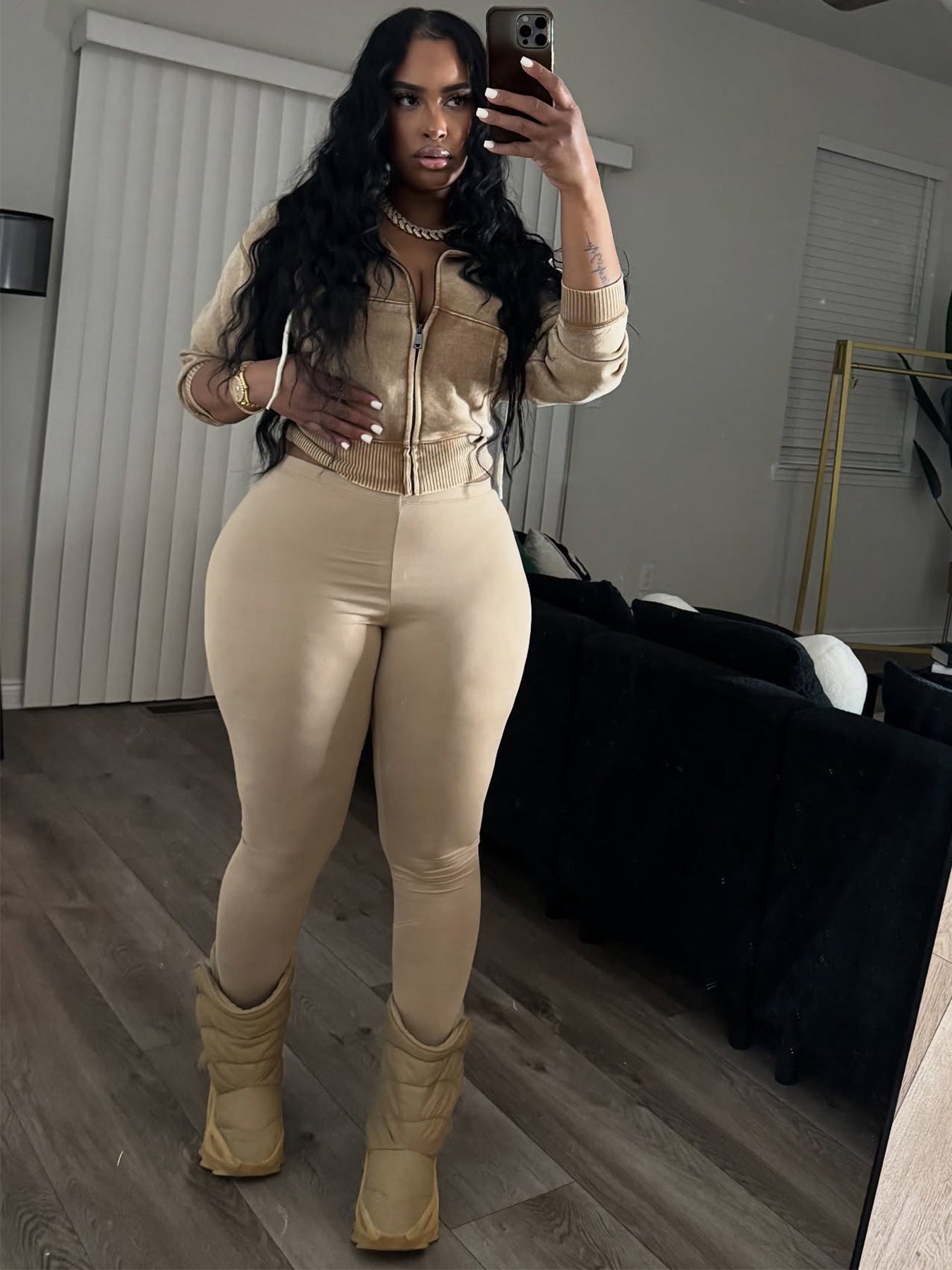 Fashion Women's Washed Zipper Hooded Top Yoga Pants Sport Casual Two-Piece Set 33