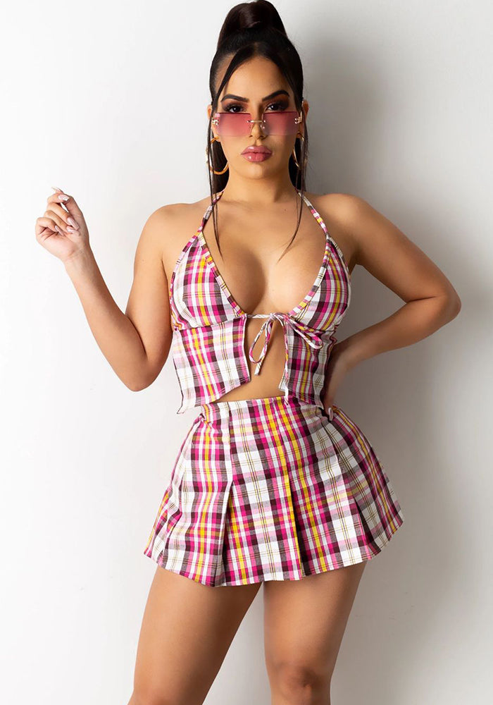 Women's Casual Sport Two Piece Plaid Skirt Set 11