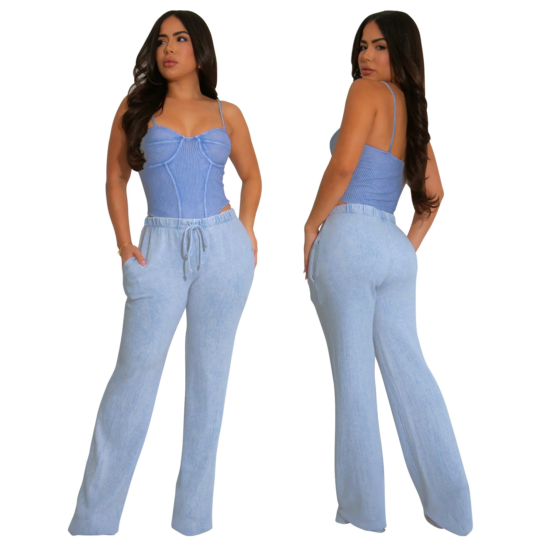 Women Sexy Cotton Washed Strapless Top and Pant Two-Piece Set 3