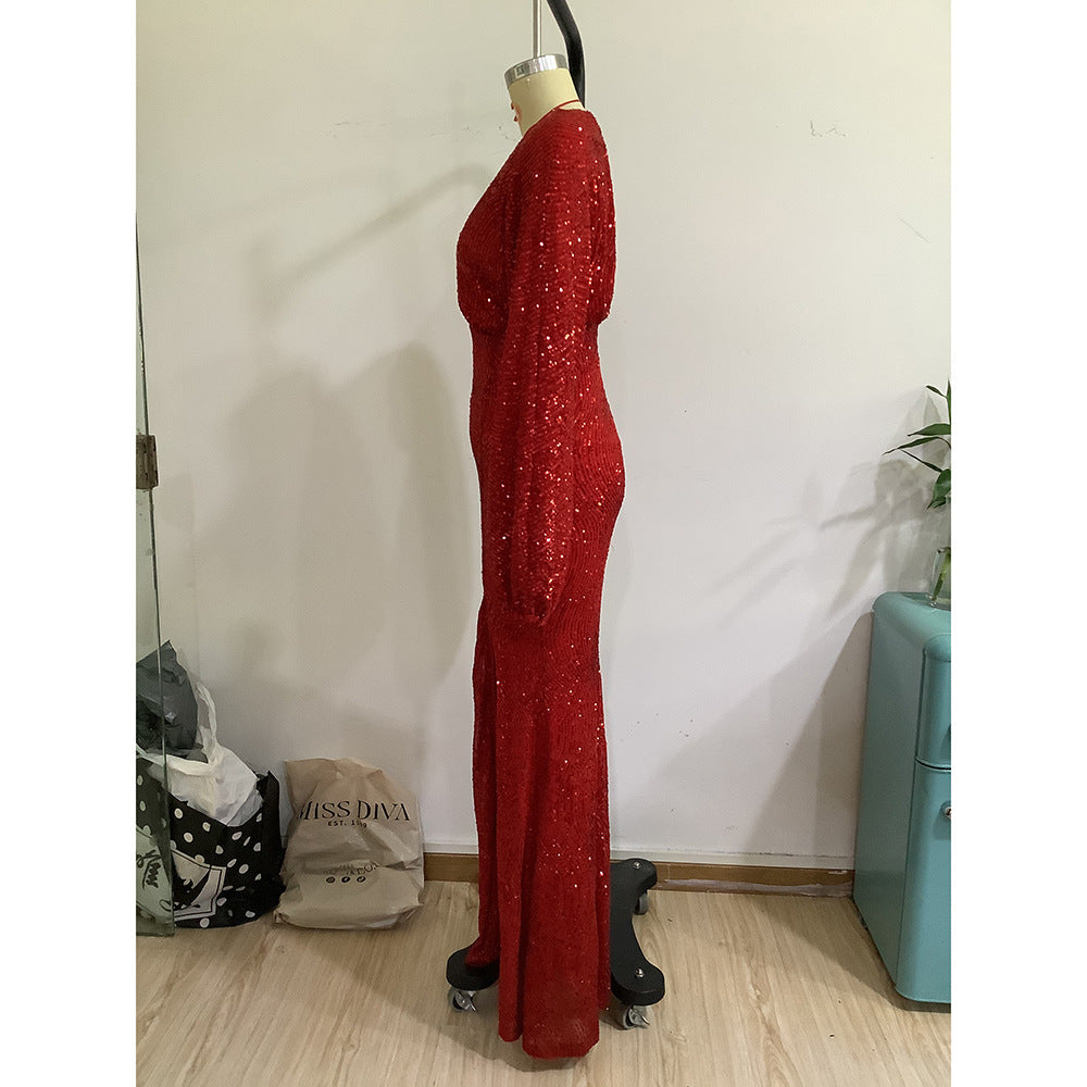 Autumn And Winter Fashion Sexy Dress Puff Sleeves Deep V High Slit Sequined Long Sleeve Dress 10