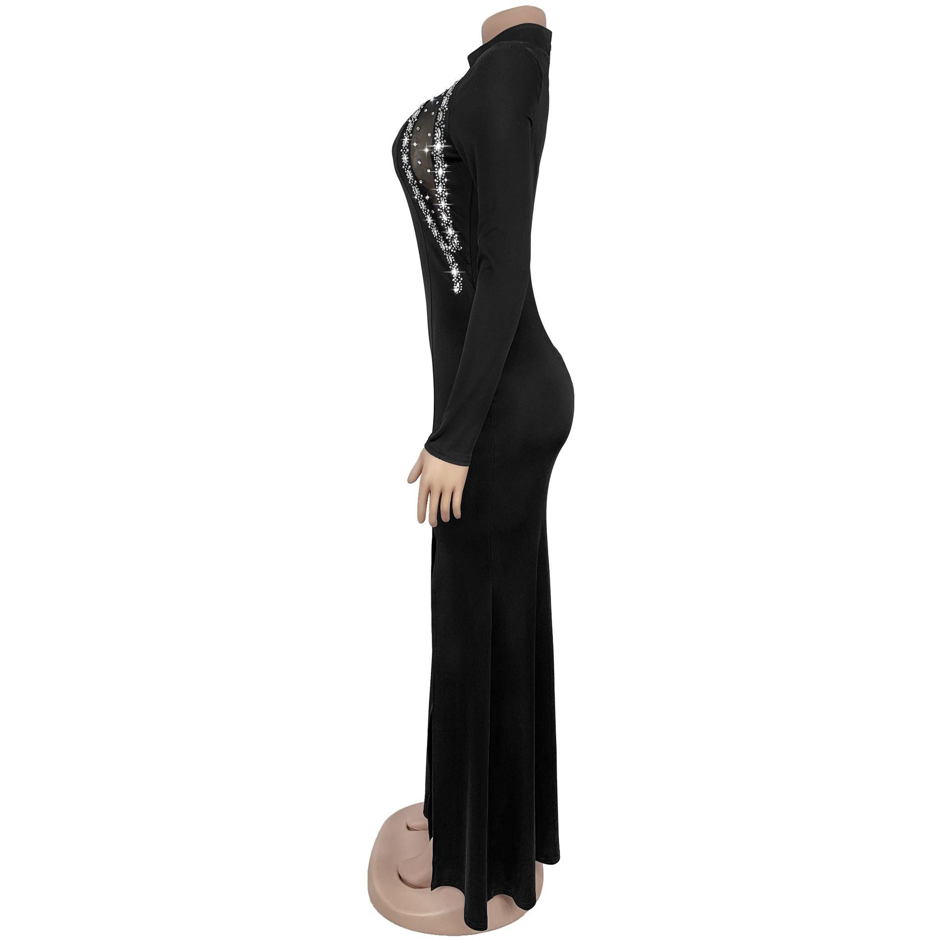 Women Sexy Slit Diamond Chain Long Sleeve Dress 5