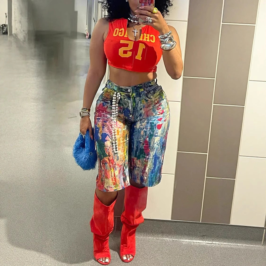 Women Summer Print Casual pocket denim shorts