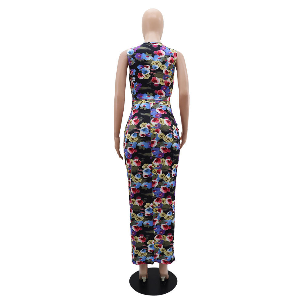 Fashionable floral Tank high-waisted long skirt two-piece set for women 13