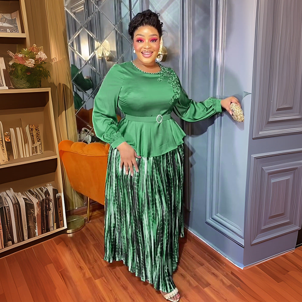 African Women's Plus Size Embroidered Beaded Chic Career Two Piece Pleated Skirt Set 3