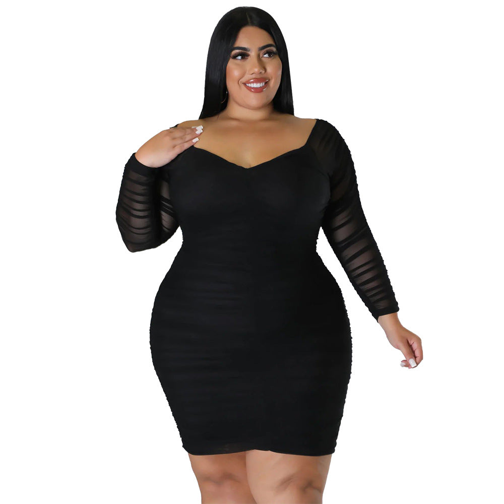 Plus Size Women Fall Off Shoulder Long Sleeve Bodycon Dress 11